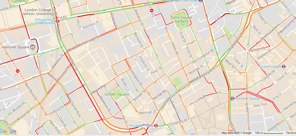 Central London traffic map shows heavy traffic