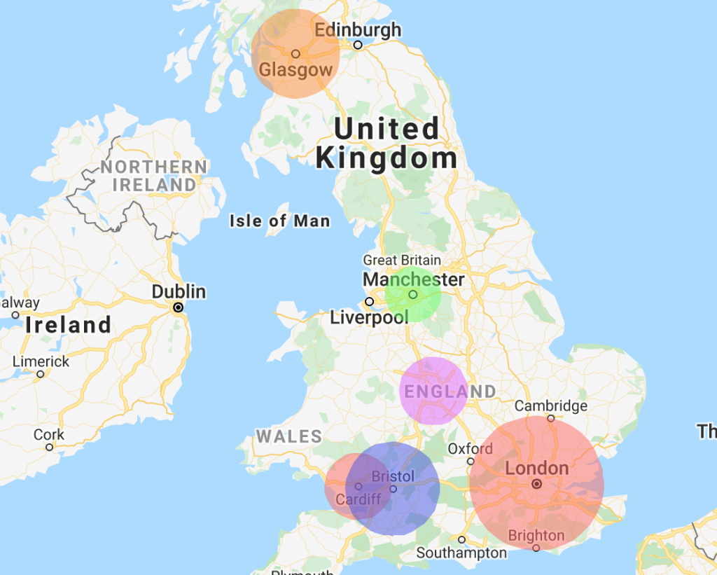 A radius map showing UK office locations and their reach