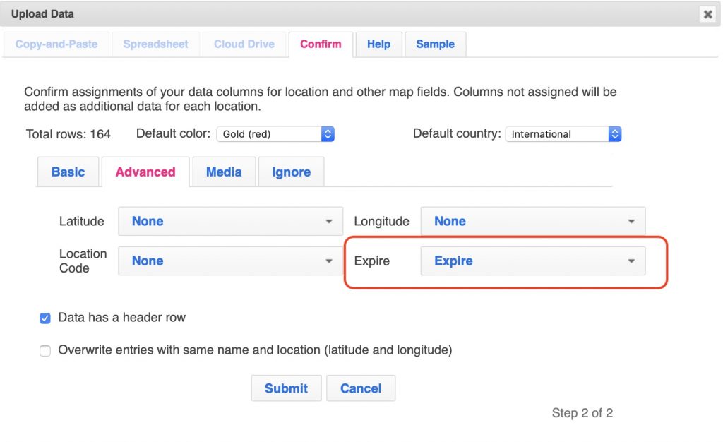 Create a map with expiring map pins for your online map. Upload a spreadsheet with an expiry column, or set a expiry date on individual map pins.