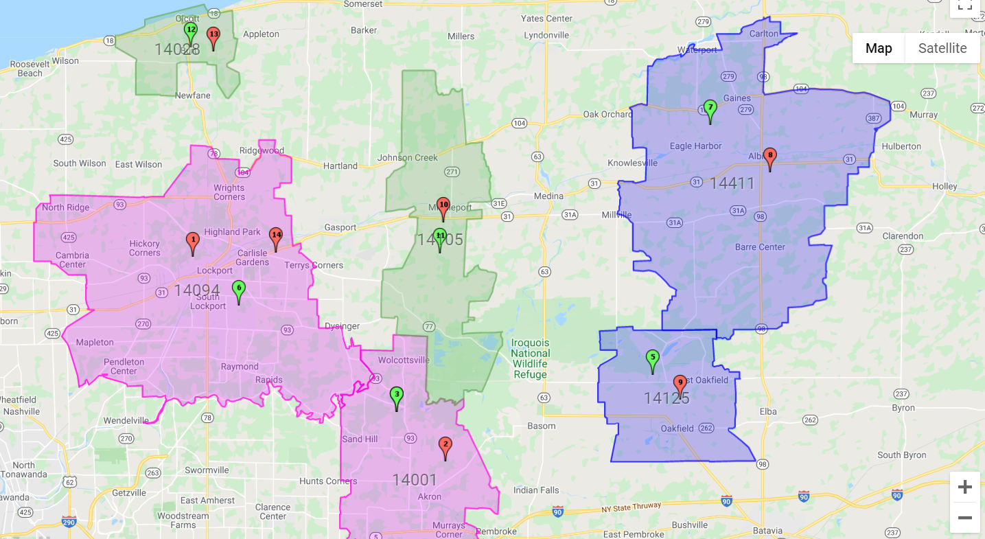 As an example, we are going to work with a look up sales territory map that shows sales zip codes for three salespersons of a company. Each sales person covers roughly 2-3 zip codes.