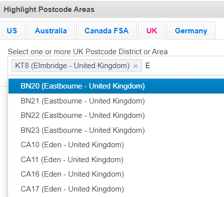 UK Post Code Drop down list example