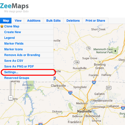 Change Map Settings in ZeeMaps