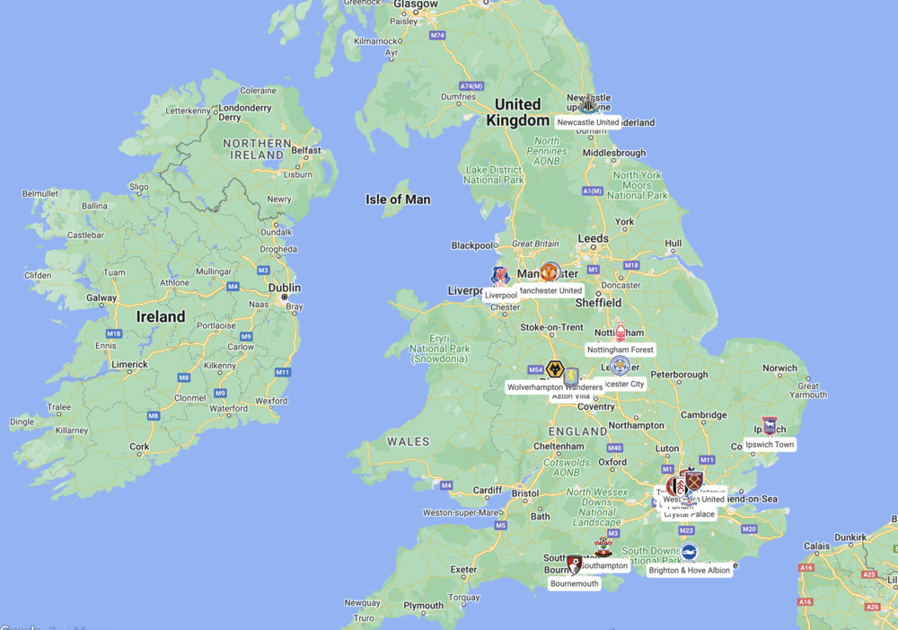 Interactive Map of Premier League Teams 2024-25 - ZeeMaps